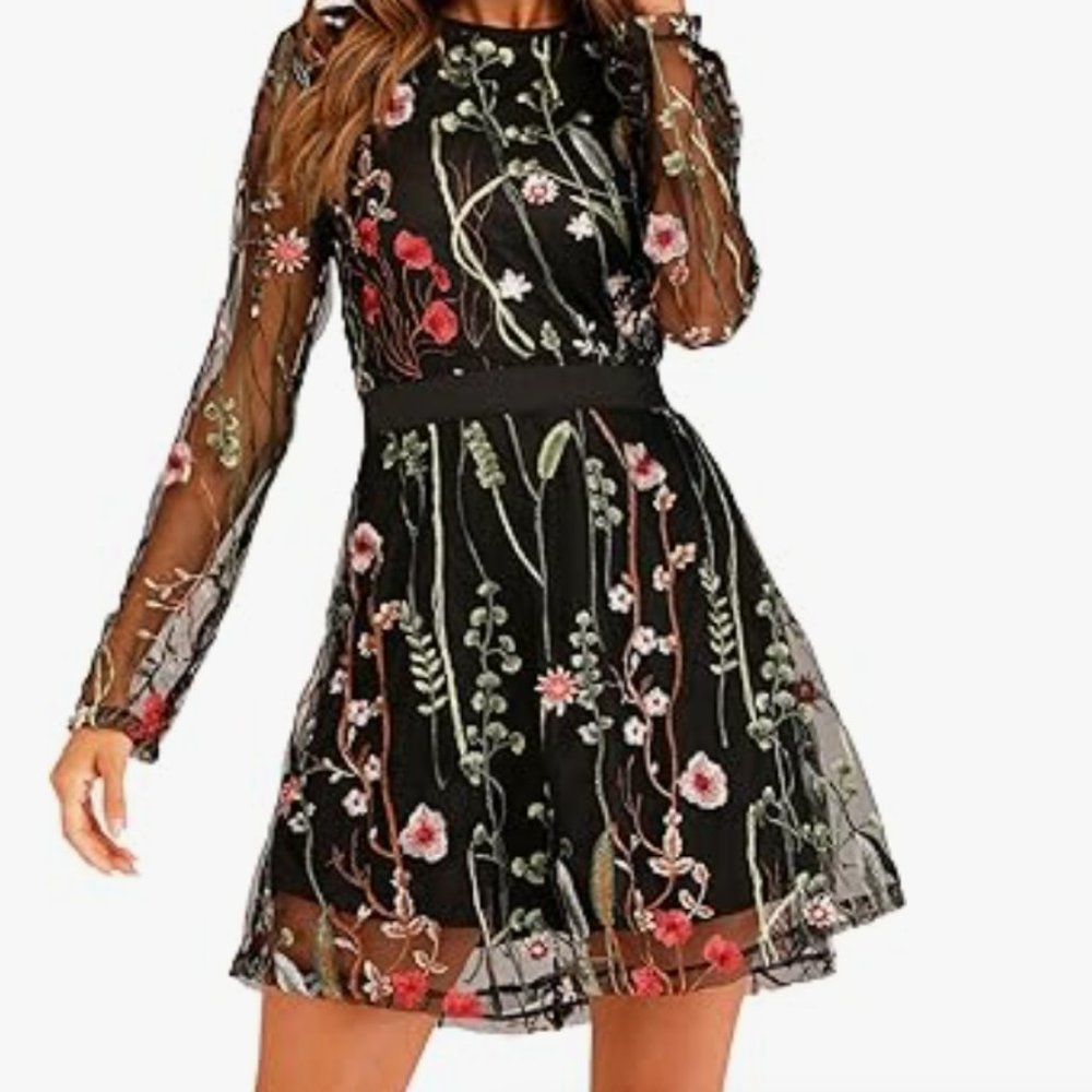 Milumia Women's Floral Embroidery Mesh Round Neck Tunic Party Dress